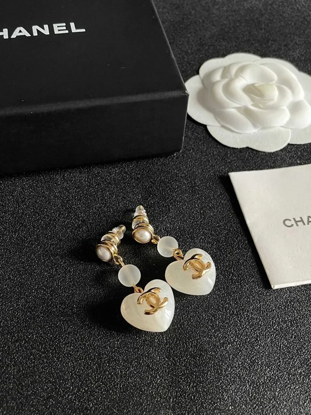Chanel White Frosted Heart CC Pearl Chain Drop Dangle Earrings Pair Designer Pie